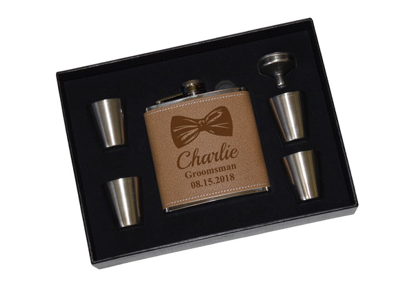 Leather Groomsmen Flask Gift - Bow tie groomsmen flask - Engraved Leather Flask Gift Set With Shot Glasses And Funnel - Bow Tie Weddings