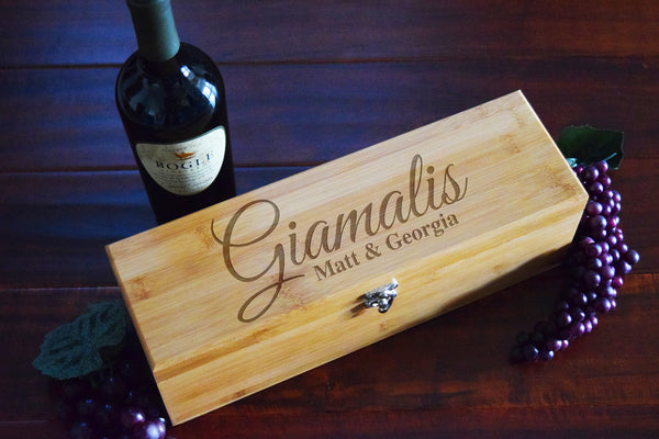Custom Engraved Wood Burned Wine Box Tool Set Engagement Gift- Personalized Last Name Bamboo Wood