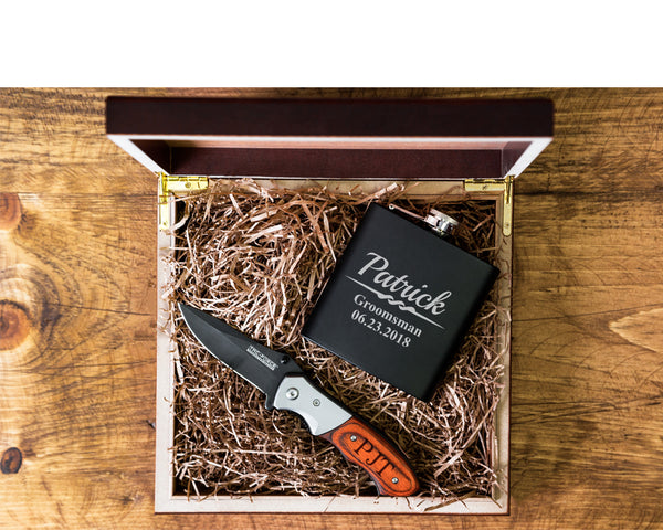 Custom liquor flask custom pocket knife groomsmen gift box gift set