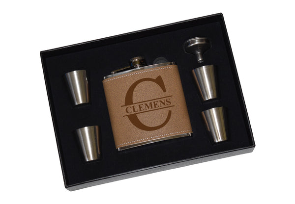 Custom Leather Flask Gift Set With Shot Glasses And Funnel - Leather Monogram Split Letter Personalized