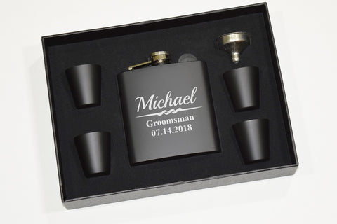 Etched Engraved Black Flask Gift Set With Shot Glasses and Funnel - Wedding Party Groomsman Groomsmen Usher Best Man Personalized Wedding Party Gifts