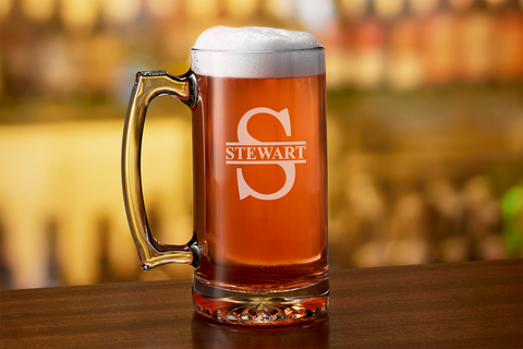 Custom Engraved Beer Mug Stein Glass - Marion Split Letter Monogram